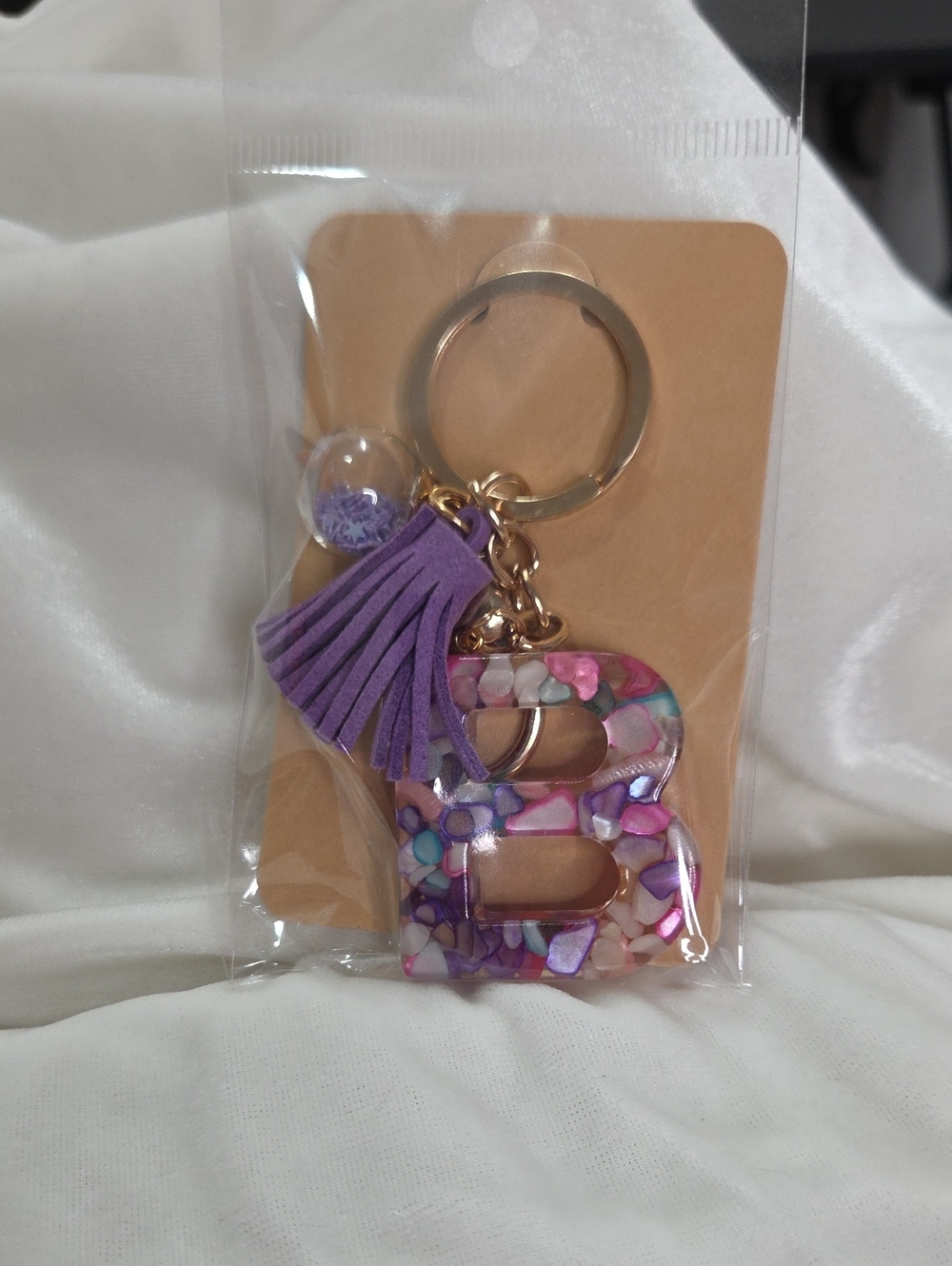 Initial Letter "B" Purple Pink Resin Keychain Purse Charm Handbag Charm Tassel